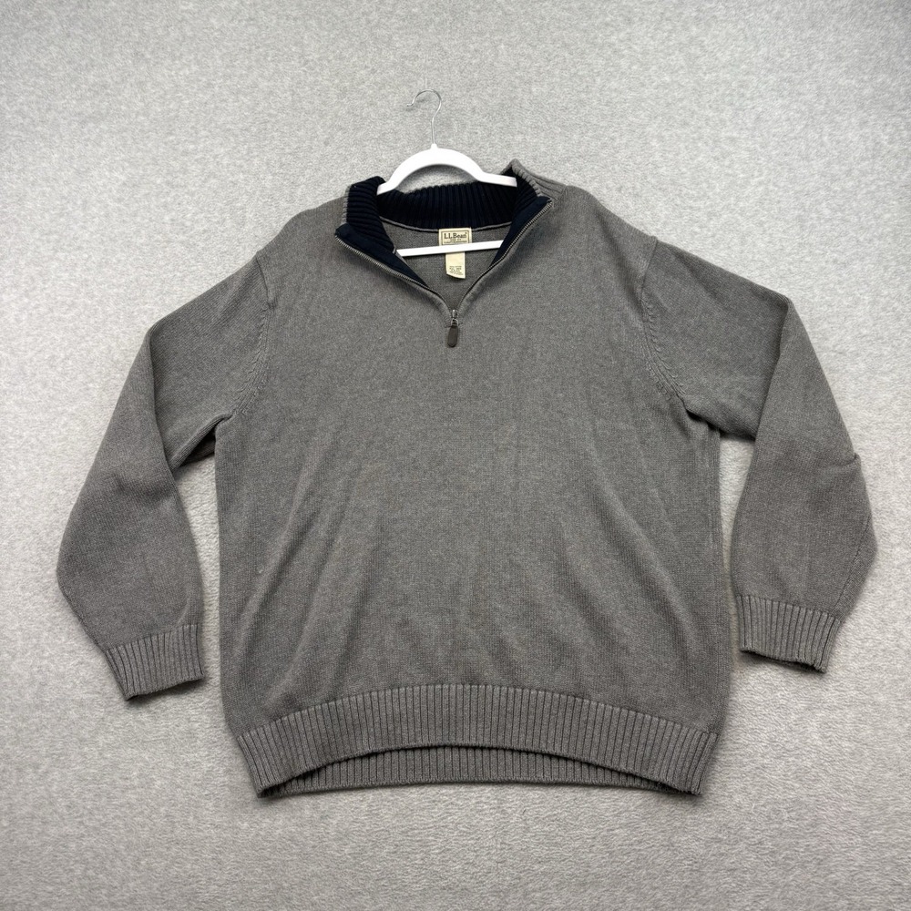 LL Bean Sweater Men's XXL Pullover Gray‎ Quarter Zip Organic Cotton Chunky Knit